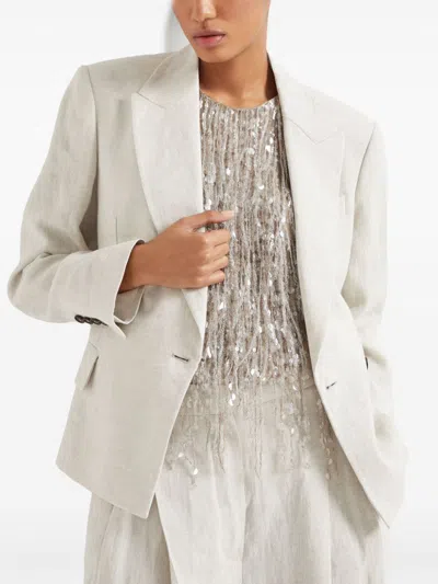 Brunello Cucinelli Linen Sparkling Canvas Blazer With Monili In White