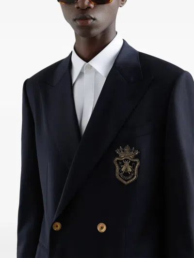 Dolce & Gabbana Men Double-breasted Wool Jacket With Patch In Blue