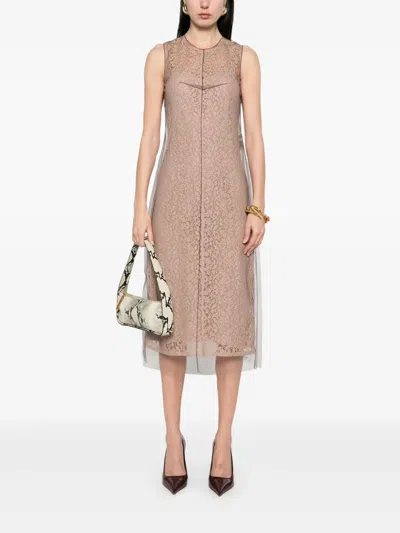 Fendi Women Beige Sleeveless Crewneck Dress With Floral Embroidery In Lace Woman In Neutral
