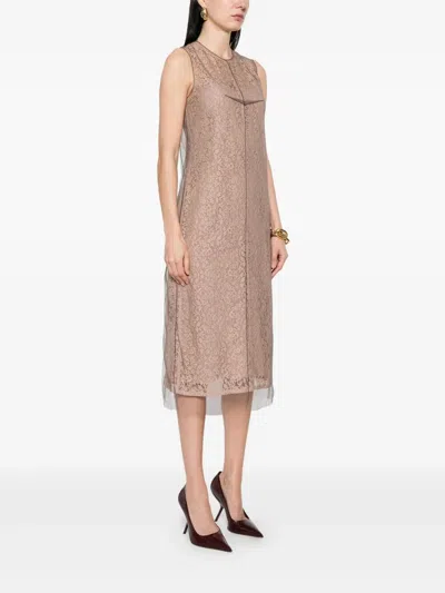Fendi Women Beige Sleeveless Crewneck Dress With Floral Embroidery In Lace Woman In Neutral