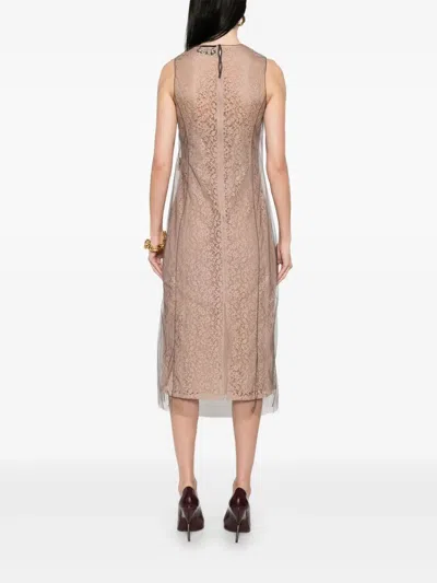 Fendi Women Beige Sleeveless Crewneck Dress With Floral Embroidery In Lace Woman In Neutral