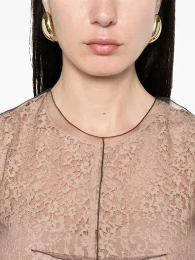 Fendi Women Beige Sleeveless Crewneck Dress With Floral Embroidery In Lace Woman In Neutral