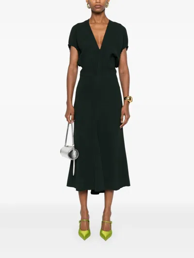 Victoria Beckham Green Midi Dress With Ruched Sleeves And V Neck