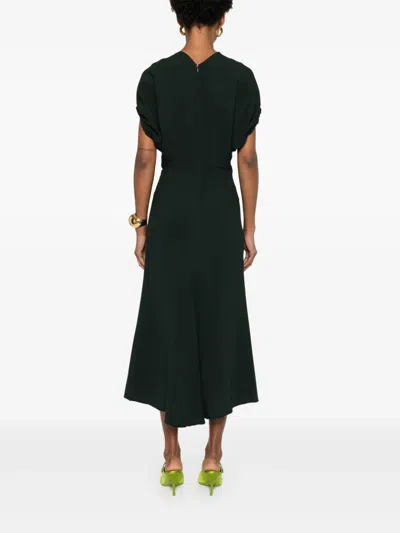 Victoria Beckham Green Midi Dress With Ruched Sleeves And V Neck