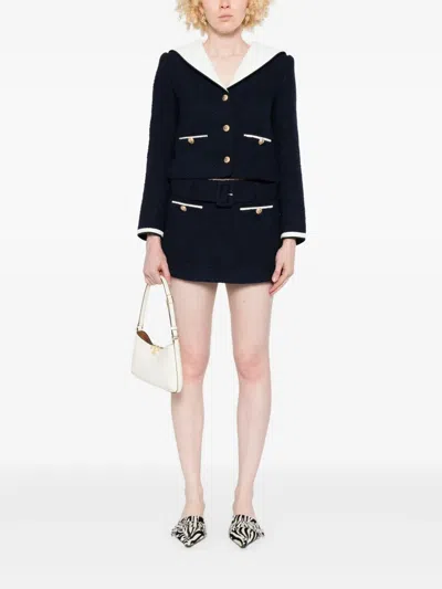 Self-portrait Belted Waist Short Jacket With Stripe Trim In Blue