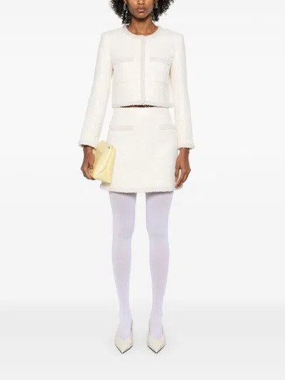 Self-portrait White Crewneck Jacket With Sequin And Faux-pearls Embellishments In Tech Fabric Woman