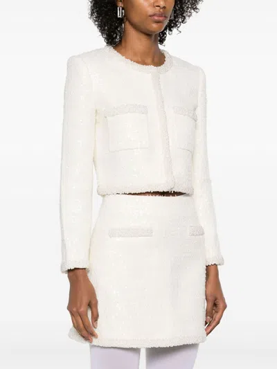 Self-portrait White Crewneck Jacket With Sequin And Faux-pearls Embellishments In Tech Fabric Woman