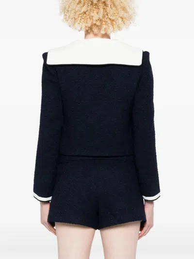 Self-portrait Belted Waist Short Jacket With Stripe Trim In Blue