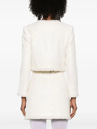 Self-portrait White Crewneck Jacket With Sequin And Faux-pearls Embellishments In Tech Fabric Woman