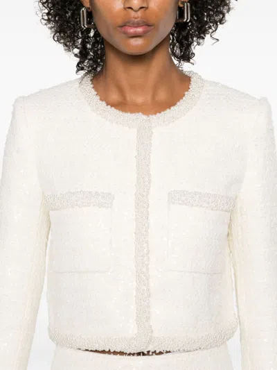 Self-portrait White Crewneck Jacket With Sequin And Faux-pearls Embellishments In Tech Fabric Woman