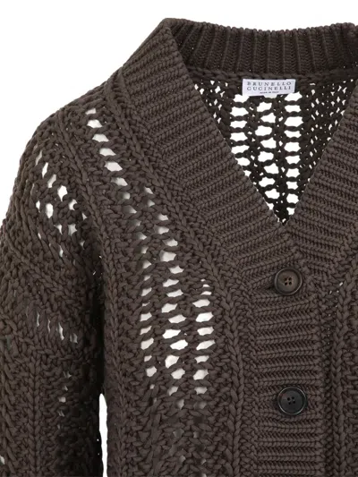 Brunello Cucinelli Cropped Open-knit Cardigan With Deep V-neckline