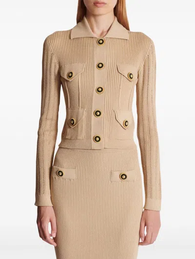 Balmain Ribbed Knit Cropped Cardigan In Neutral