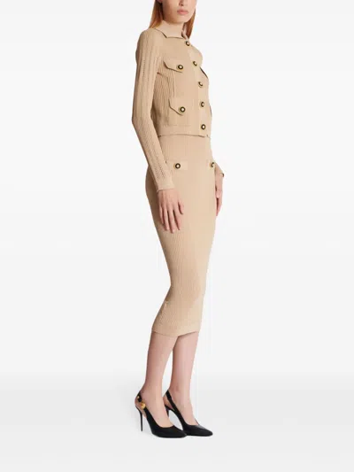 Balmain Ribbed Knit Cropped Cardigan In Neutral