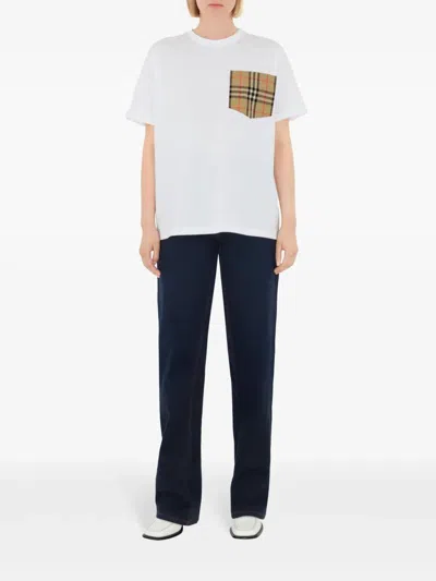 Burberry Women White Jersey Checked Twill-trimmed Cotton-jersey T-shirt Tee Shirt