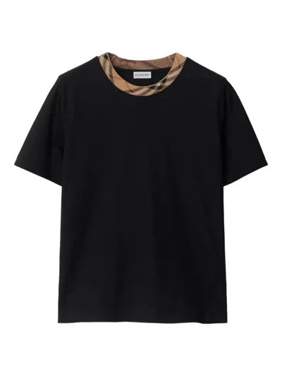 Burberry Black Crewneck T-shirt With Ckeck Motif On The Collar In Cotton Woman In Black
