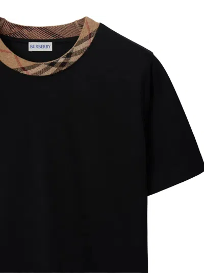 Burberry Black Crewneck T-shirt With Ckeck Motif On The Collar In Cotton Woman In Black