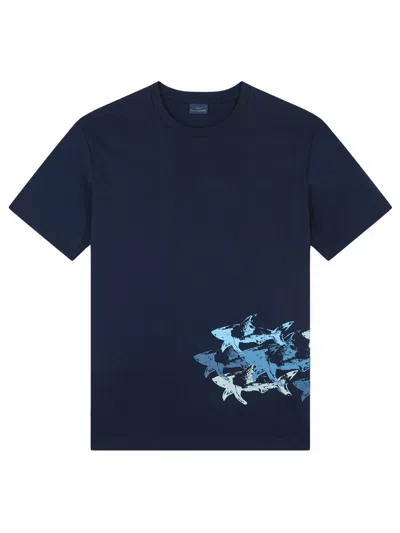 Paul & Shark Cotton Jersey T-shirt With Distressed Sharks Print In Blue