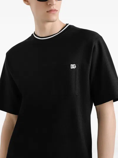 Dolce & Gabbana Black Crewneck T-shirt With Logo Embroidery On The Front