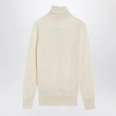 Mm6 Maison Margiela Mm6 By Maison Margiela High-neck Cream Wool Pullover With Numeric Logo In White