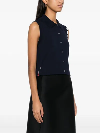 Thom Browne Sleeveless Cropped Buttondown With 4 Bar Stripe In Black