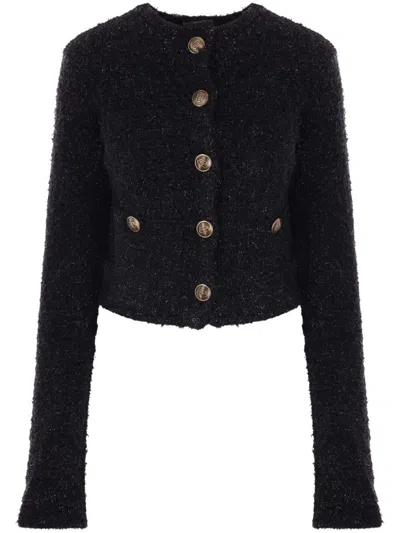 Balenciaga Button Detailing Tweed Cropped Cardigan In Black