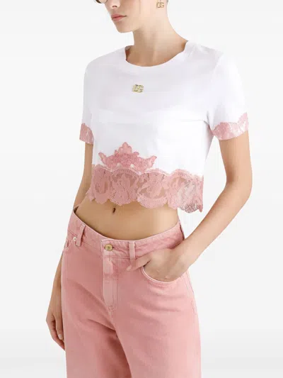 Dolce & Gabbana Cropped Jersey T-shirt With Dg Logo And Lace Inserts