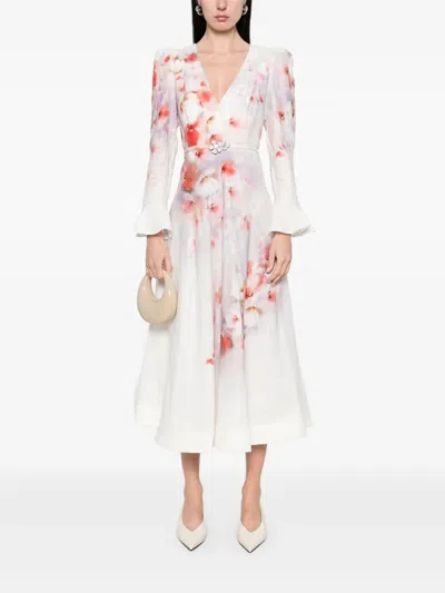 Zimmermann Flower Printed Crush Midi Dress In Linen