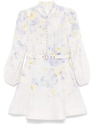 Zimmermann Floral Pattern Dress With High Neckline And Puffed Sleeves