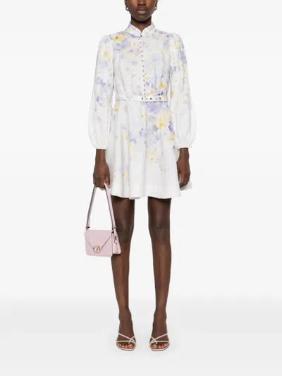 Zimmermann Floral Pattern Dress With High Neckline And Puffed Sleeves