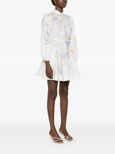 Zimmermann Floral Pattern Dress With High Neckline And Puffed Sleeves