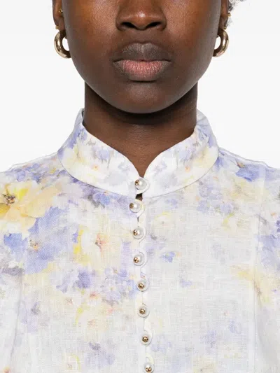 Zimmermann Floral Pattern Dress With High Neckline And Puffed Sleeves