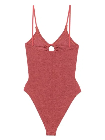 Hunza G Cut-out Detail Glamour Swimsuit With Textured Fabric In Red
