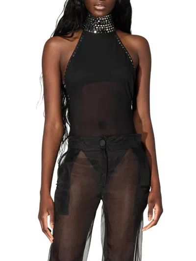 Oseree Oséree Crystal Turtleneck Bodysuit In Gray