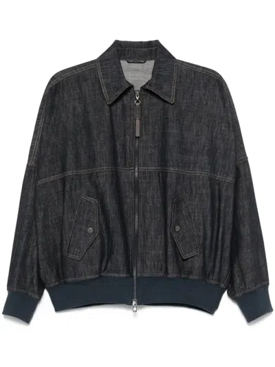 Brunello Cucinelli Denim-effect Twill Bomber Jacket With Shiny Zip