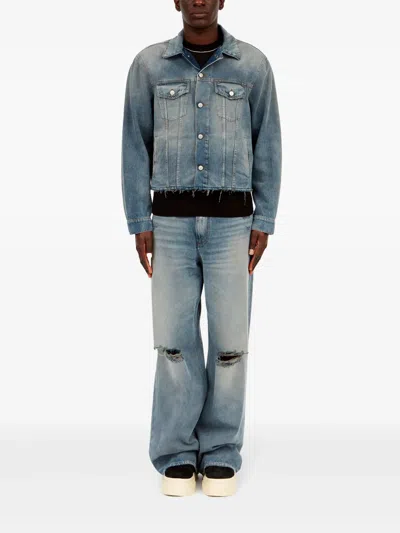Mm6 Maison Margiela Men's Paint Splashed Denim Jacket In Blue