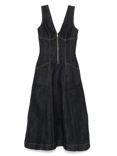 Self-portrait V-neck Denim Midi Dresses In Blue