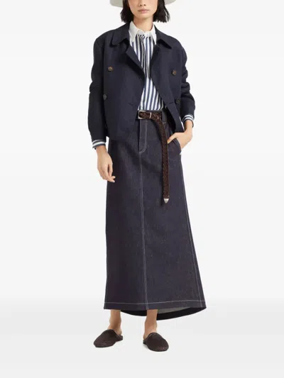 Brunello Cucinelli Denim Skirt With Belts And Pockets In Blue