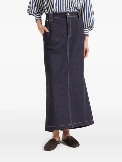 Brunello Cucinelli Denim Skirt With Belts And Pockets In Blue