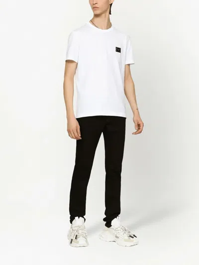 Dolce & Gabbana White Crewneck T-shirt With Logo Plate In Cotton Man In White