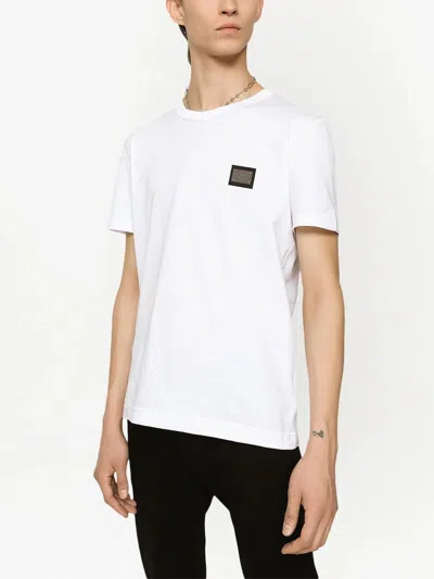 Dolce & Gabbana White Crewneck T-shirt With Logo Plate In Cotton Man In White