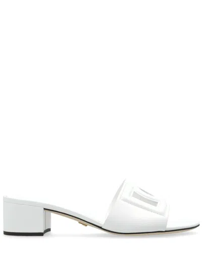 Dolce & Gabbana White Mules With Low Heel And Dg Millennials Detail In Smooth Leather Woman