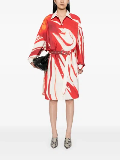 Dries Van Noten Abstract Print Shirt Dress With Belted Waist In Red