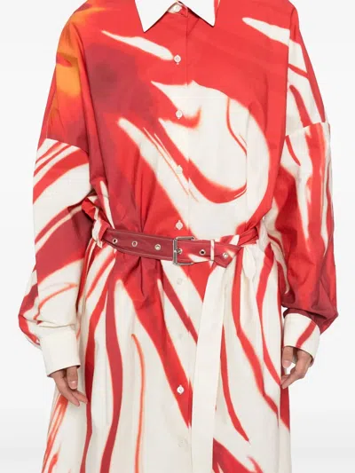 Dries Van Noten Abstract Print Shirt Dress With Belted Waist In Red