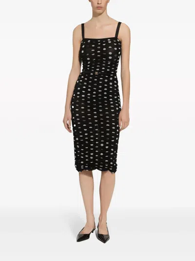 Dolce & Gabbana Draped Sheath Dress In Polka Dot Print Tulle In Black