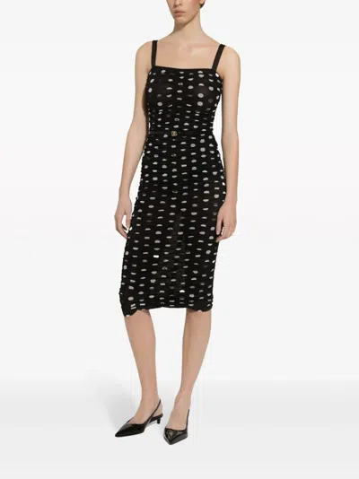 Dolce & Gabbana Draped Sheath Dress In Polka Dot Print Tulle In Black
