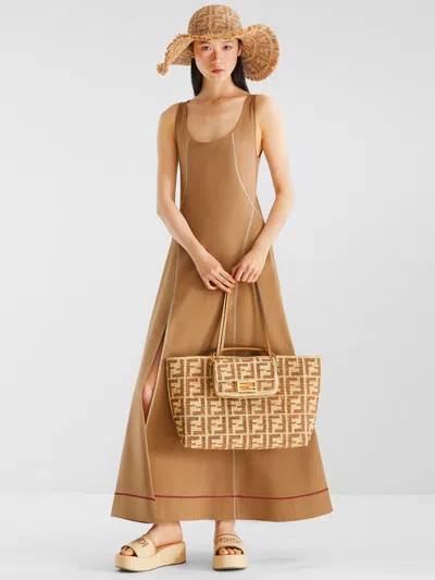 Fendi Stitched Maxi Dress Scoop Neckline In Brown