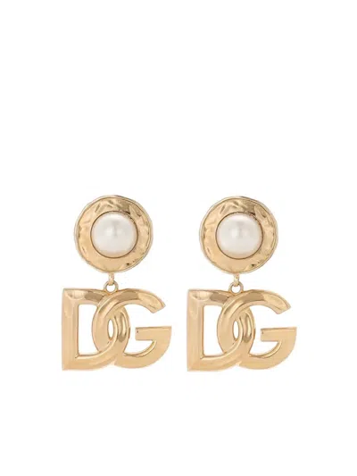 Dolce & Gabbana Drop Earrings With Cabochon Details And Dg Logo In Gold