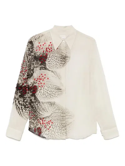 Dries Van Noten Abstract Print Beaded Collared Sheer Shirt In Neutral
