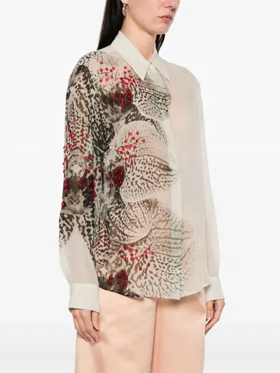 Dries Van Noten Abstract Print Beaded Collared Sheer Shirt In Neutral