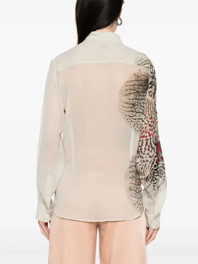 Dries Van Noten Abstract Print Beaded Collared Sheer Shirt In Neutral